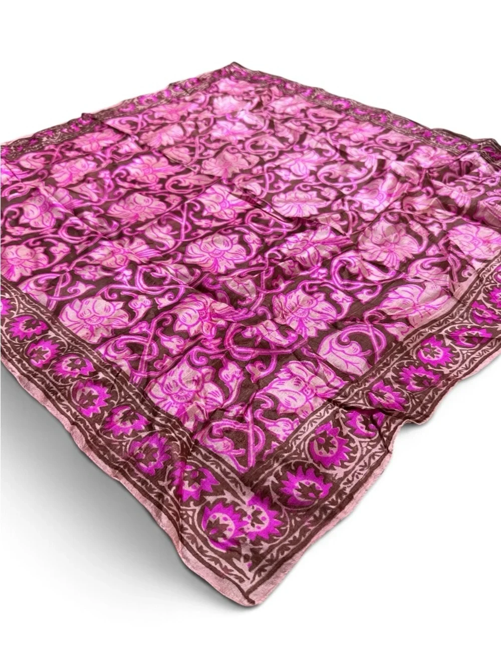 Vintage 90s 100% Silk Scarf India Pink Brown Floral Square 29x29